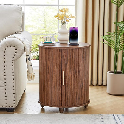 Fluted Round End Table with Charging Station, Farmhouse Small Sofa Side Table with Sliding Tambour Door & Storage, Mid-Century Wood Fulted Nightstands for Living Room, Bedroom (Walnut)
