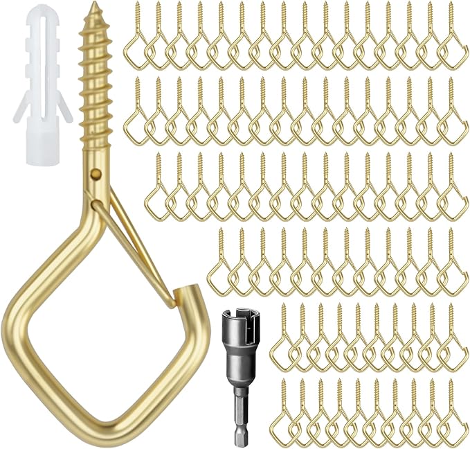 80 Pcs Outdoor Hooks for String Lights,Screw Hooks for Hanging Plants,Ceiling Hooks with Safety Buckle,Square Hanger for Wind Chimes,Bird Feeder,Lanterns,Christmas Decorations Gold