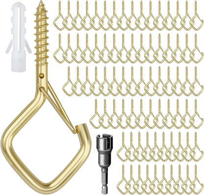 80 Pcs Outdoor Hooks for String Lights,Screw Hooks for Hanging Plants,Ceiling Hooks with Safety Buckle,Square Hanger for Wind Chimes,Bird Feeder,Lanterns,Christmas Decorations Gold