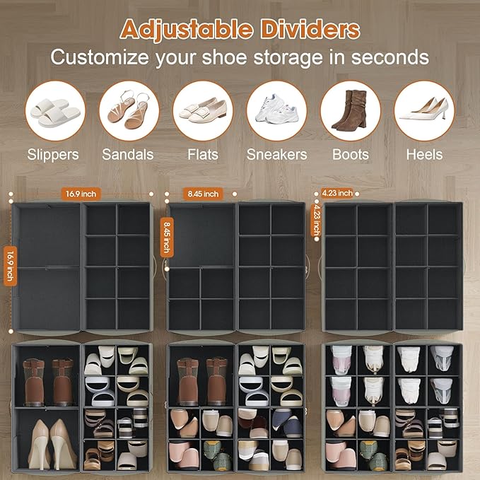 4 Pack Shoe Organizer for Closet,Foldable Shoe Storage Organizer with Adjustable Dividers, Shoe Storage Box with Clear Cover, Fits up to 16 Pairs, Gray