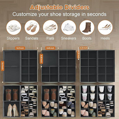 4 Pack Shoe Organizer for Closet,Foldable Shoe Storage Organizer with Adjustable Dividers, Shoe Storage Box with Clear Cover, Fits up to 16 Pairs, Gray