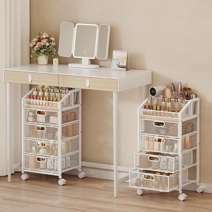 HapiRm Rolling Makeup Cart Organizer - Under Desk Makeup Storage with Wheels, Floor Make up Cart Skincare Organizers Desk Vanity Storage Organizer Cabinet for Cosmetics Makeup Brush Hair Tool, White