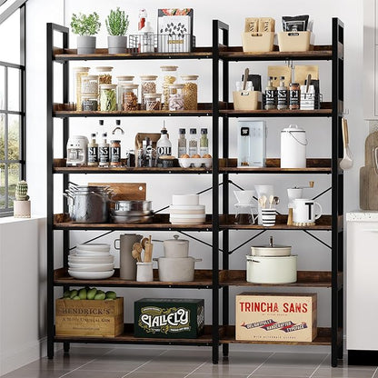 KOUSEI 6-Tier L-Shaped Reversible Corner Bookshelf, 69" Rustic Brown Industrial Wood & Metal Bookcase, Wide Open Shelves + 4 Hooks for Living Room/Bedroom/Home Office