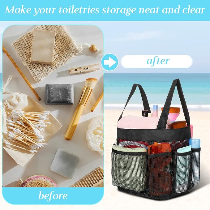 Hillban 4 Pcs Mesh Shower Caddy Portable Shower Caddy for Dorm Beach Mesh Bags with Deeper 8 Pockets and Handles Showers Caddies Basket for Women College Room Vacation(Black)