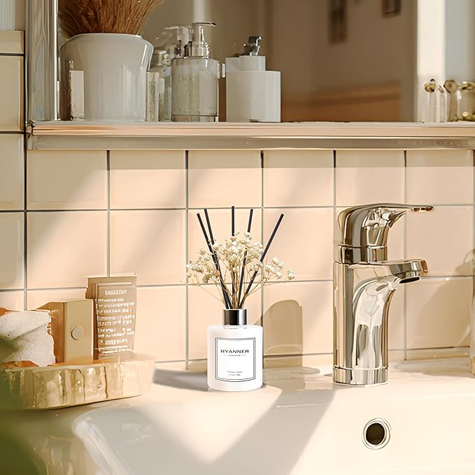 RYANNER Reed Diffuser Set,5.1 fl oz Clean Linen Scent Diffuser with Sticks Home Fragrance Reed Diffuser with Essential Oil for Bathroom Shelf Decor&Air Freshener,Home Bathroom Office Decor & Gifts