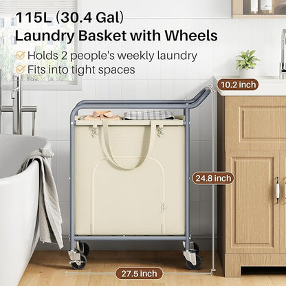 Laundry Basket with Wheels,114L Large Rolling Laundry Hamper, Heavy-Duty Laundry Cart Sturdy Metal Frame with Handle, Minimizes Bending Easy Access Clothing for Bedroom, Bathroom, Laundry Room (Beige)