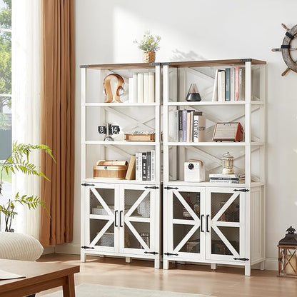 5 Tier Bookshelf 70" Tall Bookcase with Barn Doors,Large Farmhouse Display Book Shelf with Adjustable Shelves and Storage Cabinet，Library Wood Bookshelves for Living Room,Kitchen,White(3PCS)