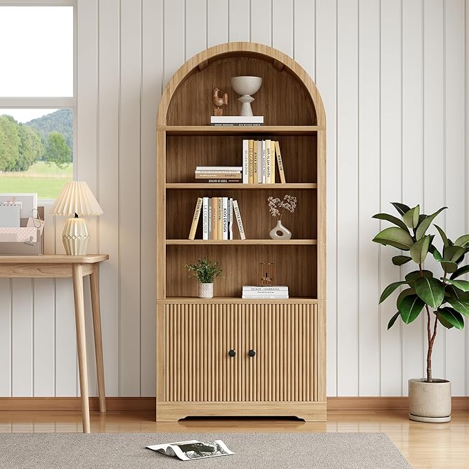 70" Arched Bookcase with Storage, 6 Tier Bookshelf with Door, Freestanding Display Storage Cabinet Farmhouse Storage Shelves for Living Room,Bedroom Home Office,Natural Oak