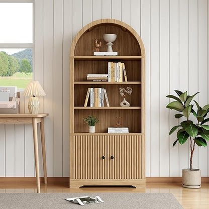 70" Arched Bookcase with Storage, 6 Tier Bookshelf with Door, Freestanding Display Storage Cabinet Farmhouse Storage Shelves for Living Room,Bedroom Home Office,Natural Oak
