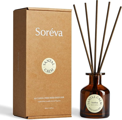 Soréva Sandalwood Reed Diffuser Set, Plant-Based Oil with Cedar & Musk, Long-Lasting Luxury Home Fragrance for Bedroom & Office, Mindfulness Decor, Calm Aromatherapy Gift Set, 7 Reeds, 4.39 fl oz