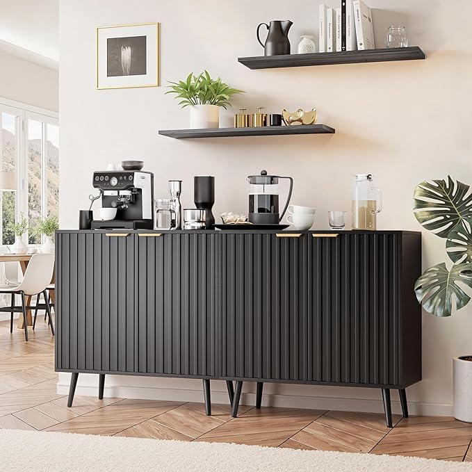 Modern Storage Cabinet, Black Sideboard and Buffet Storage, Wood Accent Cabinet for Living Room, Hallway, Entryway, Dining Room (1, Black+Gold)