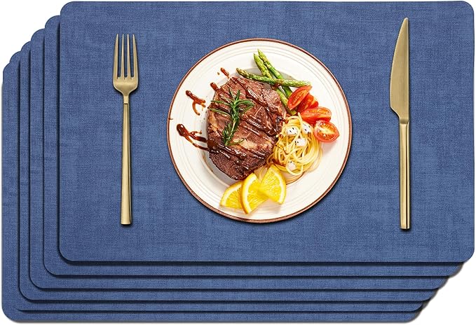 Maxpearl Faux Leather Placemats Set of 6 - Waterproof - Wipe Clean - Heat Resistant - Anti Slip Dining Table Place Mats, Suitable for Indoor & Outdoor Use, 17’’×12’’, Navy Blue