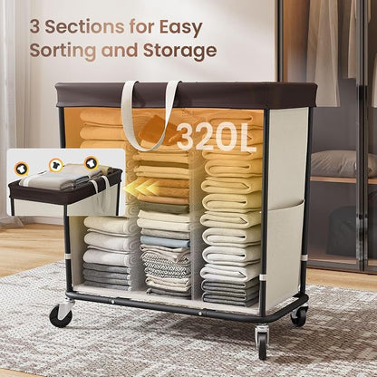 320L Laundry Basket with Wheels, 3-Section Rolling Hamper for Laundry, Extra Large Laundry Hamper with Wheels, Clothes Hamper Rolling Laundry Basket for Home, Bathrooms and Dorm(Beige)