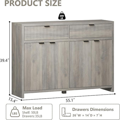 Fluted Sideboard Buffet Cabinet with Storage and Large Drawers, 55" W Credenza Storage Cabinet for Living Room or Entryway, 40'' H Farmhouse Buffet Table with Adjustable Shelves, Console Cabinet