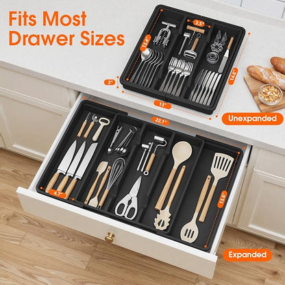 Large Silverware Organizer, Expandable Utensil Drawer Organizer for Kitchen Drawers, Kitchen Drawer Organizer for Spoons/Forks/Knives, Multipurpose & BPA Free Cutlery Tray, Black, 1 Pack