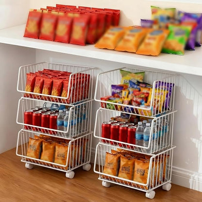 Maxdot 2 Pack 3 Tier Rolling Pantry Floor Organizer and Storage Cart with Wheels Stackable Pantry Metal Wire Baskets Kitchen Fruit Snacks Basket Stand for Kitchen Office Living Room (White)