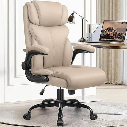 Office Chair, Ergonomic Big and Tall Computer Desk Chairs, Executive Breathable Leather Chair with Adjustable High Back Flip-up Armrests, Lumbar Support Swivel PC Chairs with Rocking Function