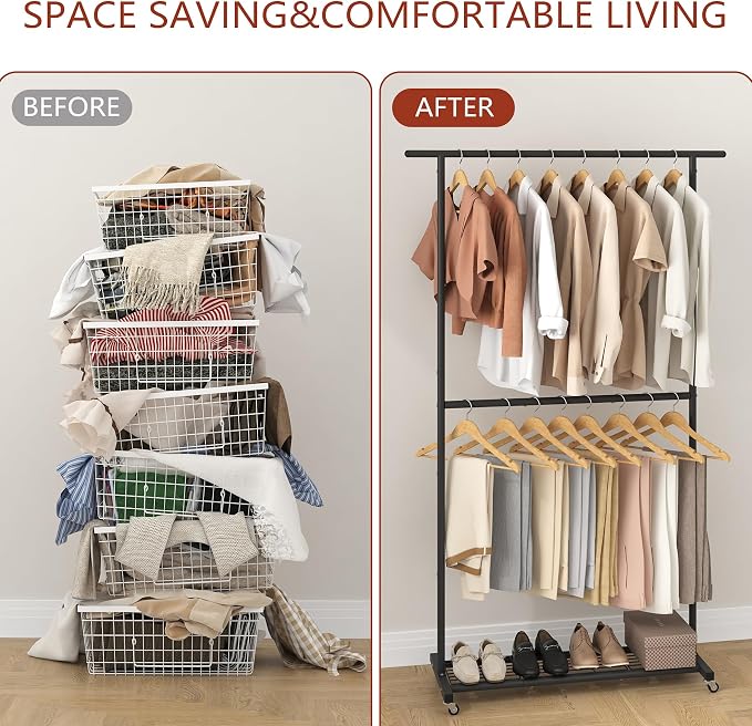Sywhitta Double Rod Clothing Garment Rack, Rolling Coat Hanger with Bottom Mesh, Clothing Rack for Hanging Clothes, Coats, Skirts, Sweaters, Black