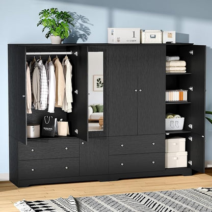 VINGLI Armoire Wardrobe Closet with Doors and Mirror,47" W Wardrobe Cabinet Wooden with Hanging Rod & Shelves Inside, 4 Door Bedroom Armoires with Drawers, Black Freestanding Armoire for Bedroom