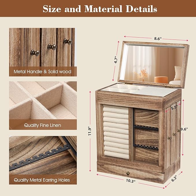 Honiway Jewelry Box for Women, 5 Layer Rustic Wooden Jewelry Organizer with Glass Window, 4 Drawers, Mirror, Large Jewelry Storage Display for Earrings Rings Necklaces Bracelets (Rustic Brown)