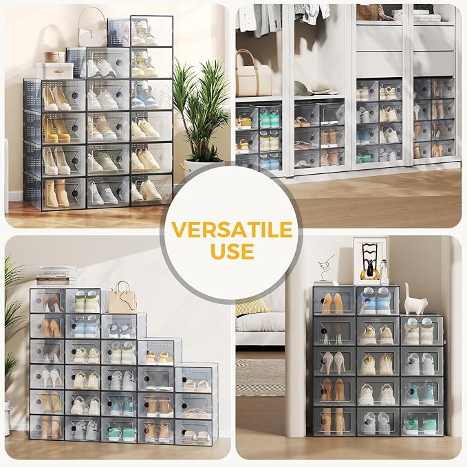 Sweetcrispy Shoe Storage Boxes, Clear Plastic Stackable Shoe Rack Organizer with Lids for Closet, Foldable Sneaker Container, Under Bed and Entryway, 15 Pack, Black