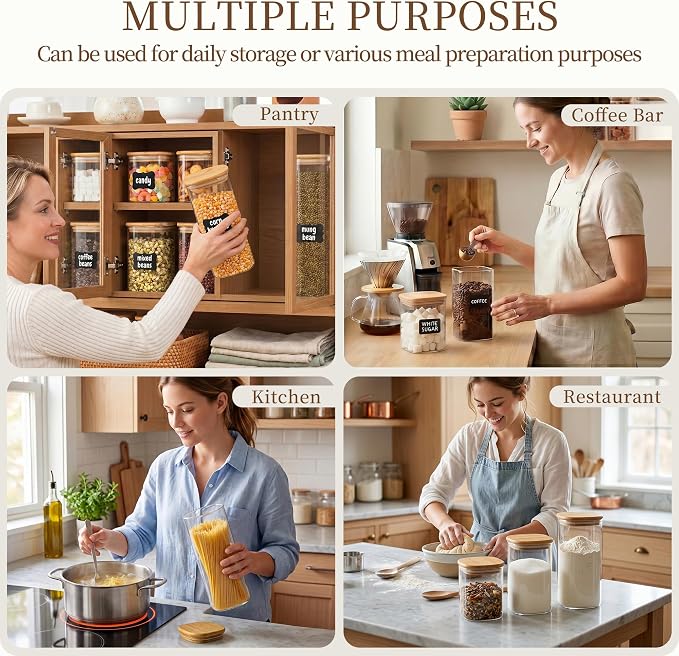 SENTVEND 51 Oz Glass Storage Jars with Bamboo Lids - 3 Pack Clear Glass Canisters Square Airtight Stackable Ideal for Pantry Storage Containers Great for Storing Oats Coffee Beans Pasta Flour Rice etc