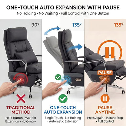 Dual Motor Executive Home Reclining Office Chair with Footrest - One-Click Electric Recline with Massage & Pillow Support Big and Tall PU Leather Ergonomic Desk Chair, High Back Wide Seat (Black)