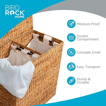 BirdRock Home Water Hyacinth Laundry Hamper Divided Interior (Natural) | Eco Friendly | Made of Hand Woven Hyacinth Fibers | Includes Two Removable Cotton Liners Bag | Wicker Laundry Basket with Lid