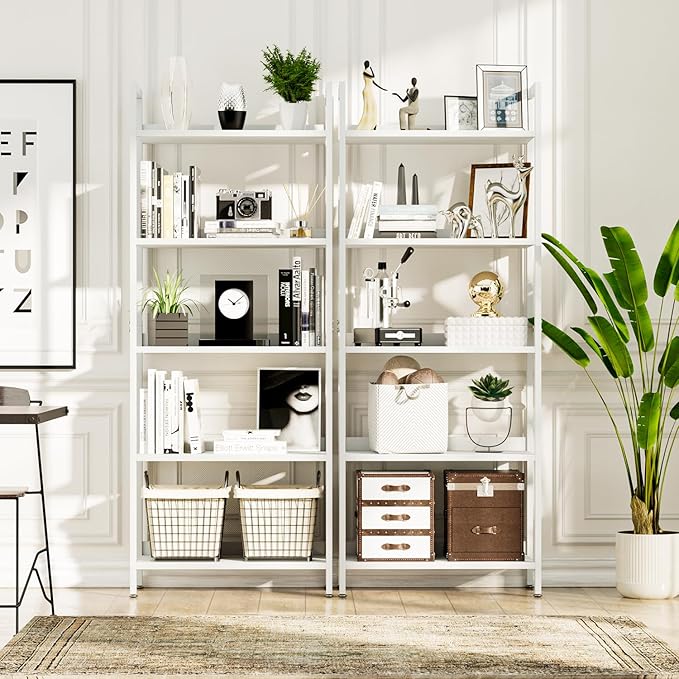 NUMENN Bookshelf, 5 Tier Bookshelves, Home Office Bookcase Shelf Storage Organizer, Free Standing Storage Shelving Unit for Bedroom, Living Room and Home Office, White