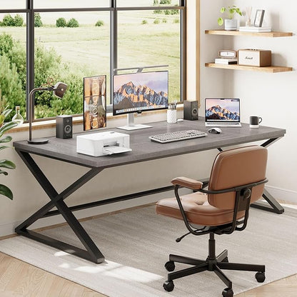 IBF Large Home Office Computer Desk, Industrial Long Work Study Writing Desk, Simple Executive Conference Table for 2 Person, Wood Metal Double Pc Gaming Workstation in Bedroom, Light Grey Oak, 70 in