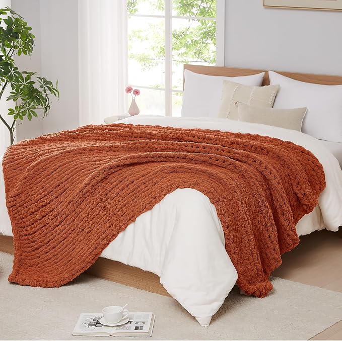 L'AGRATY Chunky Knit Blanket Throw: 60''x80'' Chenille Chunky Knitted Throw Blankets for Bed Couch - Handmade Thick Big Cable Knit Blanket - Large Crochet Rope Blankets for Home Decor(Rusty Orange)