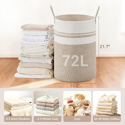 SunNewt Tall Laundry Basket with Handles, 72L Portable Dirty Clothes Hamper, Boho Cotton Rope Storage Bin for Blankets Kids Toys Gifts, Large Organizer for Baby Nursery Bedroom Bathroom, New Brown