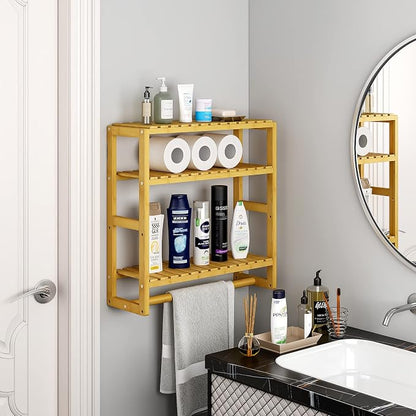 Galood Over The Toilet Storage Bathroom Shelves Wall Mounted 3 Tier Space Saver Corner Shelf Organizer Bamboo Towel Rack Toilet Paper Cabinet with Hanging Rod Yellow
