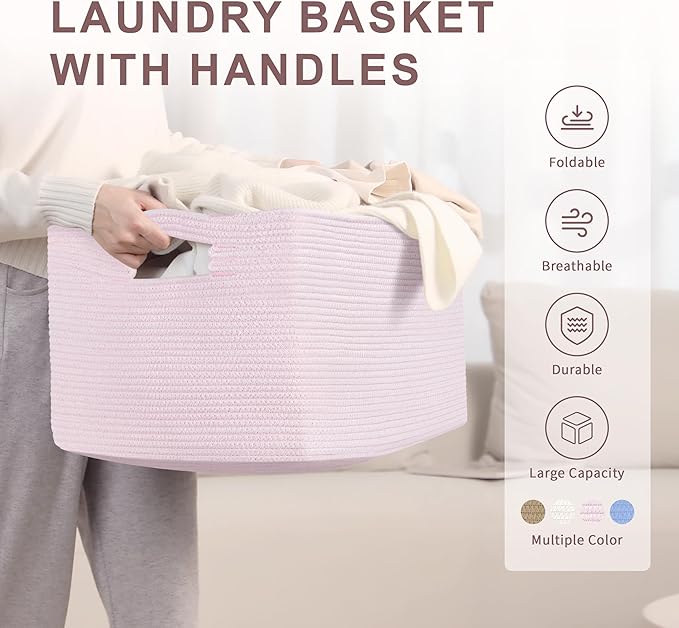 SunNewt 72L Large Baby Girls Laundry Basket for Nursery Storage,Cute Woven cotton Rope Baskets for Kids Toy，Gifts, Boho Square Wicker Blanket hamper for Living Room,Bedroom Dirty Clothes,Pink