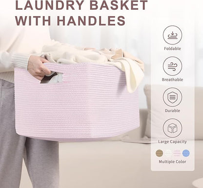 SunNewt 72L Large Baby Girls Laundry Basket for Nursery Storage,Cute Woven cotton Rope Baskets for Kids Toy，Gifts, Boho Square Wicker Blanket hamper for Living Room,Bedroom Dirty Clothes,Pink