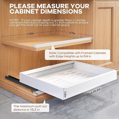 Seinloes 1 Pack Expandable Pull Out Cabinet Organizer 21" Deep with Raising Pad for Framed Cabinets,Upgrade 3 Slide Rails Slide Out Drawers,Roll Out Shelves Adhesive,Adjustable Width 12.05"-20.4"White