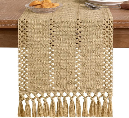 Socomi Boho Table Runner Valentine's Day Farmhouse Rustic Dining Kitchen Centerpiece Decor Small Macrame Woven Cotton Linen Coffee Table Runner for Dresser Scarf Home Decor 12x60 inch Champagne