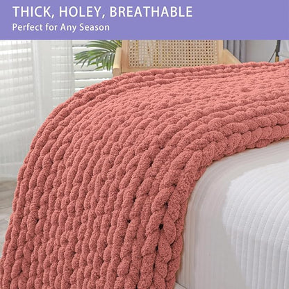 Bigacogo Chunky Knit Throw Blanket for Couch, 40x60 inches, 100% Hand Knitted with Thick Jumbo Chenille Yarn, Cozy Soft Large Rope Knot Cable Crochet Blankets for Sofa Bed Living Room, Antique Red