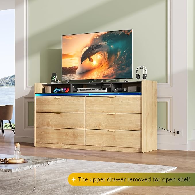 WLIVE 9 Drawer Led Dresser for Bedroom, 58" Wide Wood Dresser Storage Organizer with Charging Station for 65" TV, Dressers with Open Shelves, Chest of Drawers for Closet, Living Room, Light Oak