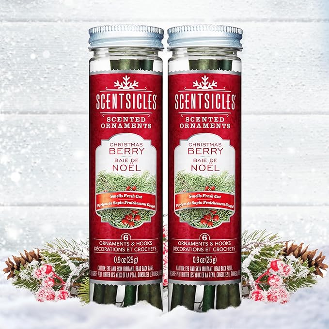 Scentsicles Christmas Berry Scented Ornaments with Hooks - 2 Bottles (12 Sticks Total)