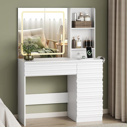 Makeup Vanity Desk with Lights, Fluted Vanity with 4 Drawers, Open Shelves, Power Outlet, LED Lighted Mirror, 3 Lighting Modes & Brightness Adjustable, Wood Dressing Table for Bedroom, White