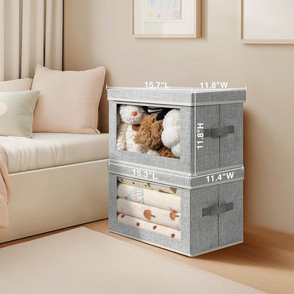 Homsorout Large Storage Baskets Bins with Lids - Stackable Cube Bins for Closet, 3 Pack Windows Organizer Bins, Home Organizers and Storage for Clothes, CD, Towels, Light Grey