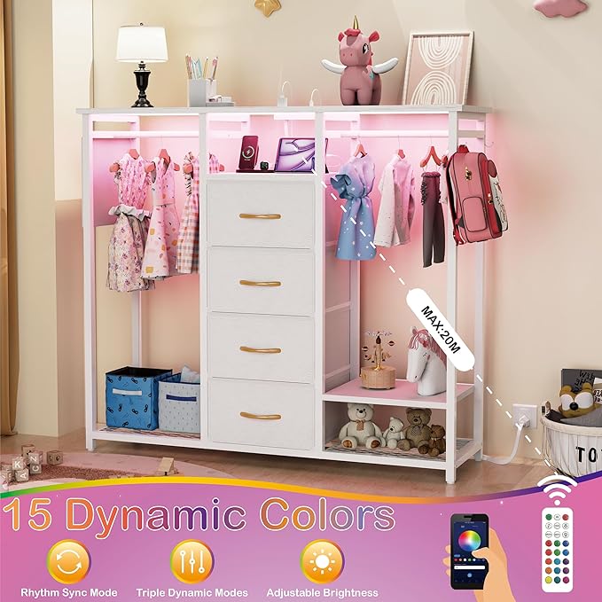 Dresser with Hanging Clothes Rack, 4 Drawers Dresser for Bedroom with LED Lights and Charging Station, Fabric Storage Chest of Drawers for Closet with Clothes Rack Bedroom Kid’s Room, Metal, White
