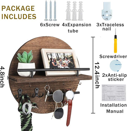 Key Holder for Wall Decorative with Shelf and Hooks, Unique Mail Organizer Wall Mount with Sunglasses Holder, Cute Circular Design Entryway Key Rack Hanger, Rustic Home Decor Boho Wall Decor