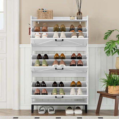 Shoe Cabinet with 3 Flip Drawers Narrow Shoe Storage Cabinet Organizer Wooden Freestanding Shoe Rack Hidden Slim Shoes Storage Cabinet for Entryway, Hallway, Living Room, Bedroom