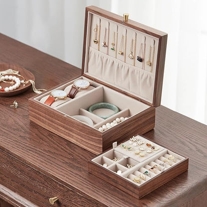 Black Walnut Wooden Jewelry Box for Women 2 Layer Jewelry Organizer with Removable Tray for Watches Rings Earrings Necklace Bracelets Birthday Christmas Gifts