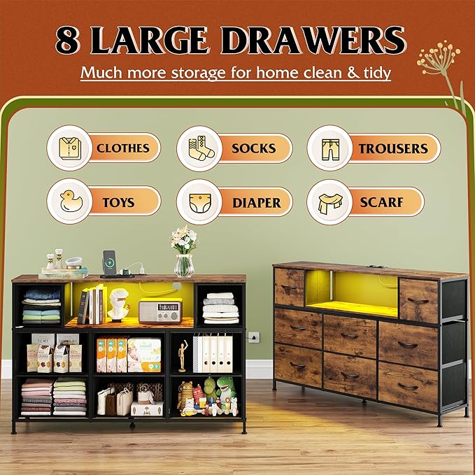 WLIVE Dresser TV Stand for 45, 50, 55 inch TV, Entertainment Center with LED Lights & Charging Station, Chest of Drawers with 8 Fabric Drawers and Open Shelves for Living Room, Hallway, Rustic Brown