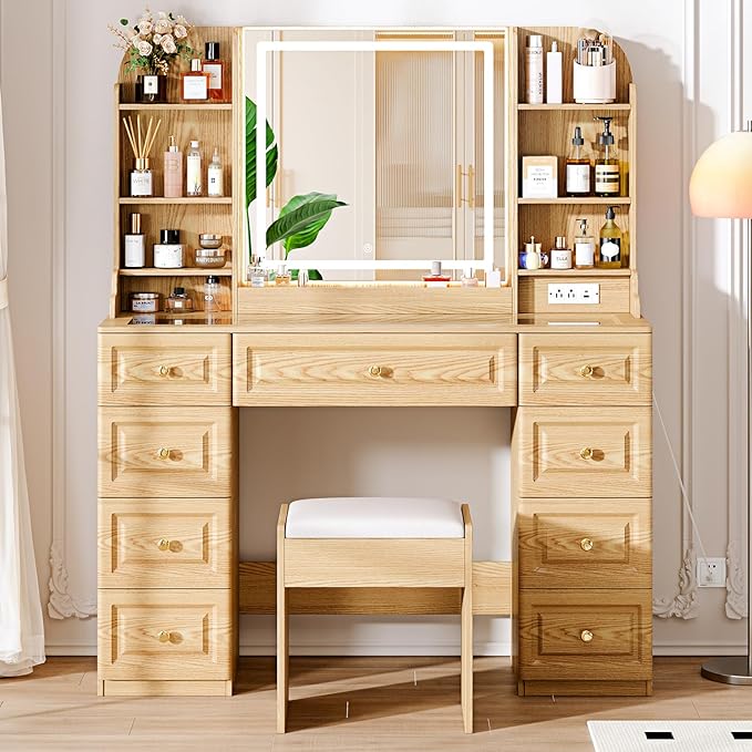 43" Makeup Vanity Desk with Mirror and Lights, & Power Outl, Glass Top Big Vanity Table with 9 Drawers& 8 Storage Shelves, Dressing Table Set with Chair for Bedroom, Wood