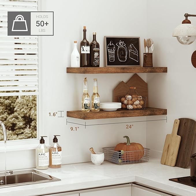 Vivelove Floating Shelves for Wall, 16/24/36/48/55 inch Wall Shelves for Bathroom Bedroom, Living Room, Kitchen, Office, Rustic Farmhouse Shelf Decor with Invisible Bracket, Set of 2