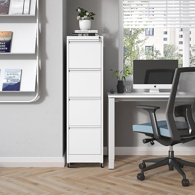 4 Drawer Mobile File Cabinet, Metal Filing Cabinet with Lock and Wheels, Home Office Rolling File Cabinets for Legal/Letter Hanging File Folders, Un-Assembled (White)